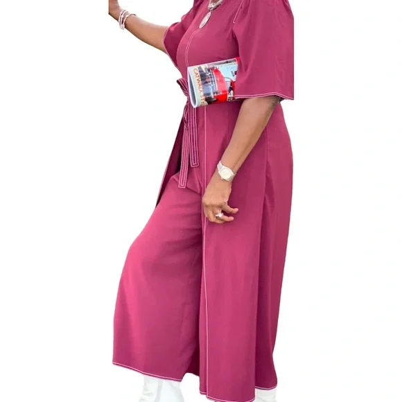 Gibson and Latimer Cranberry Short Sleeved wide leg faux wrap jumper - Picture 4 of 8